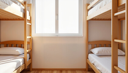 Modern bunk beds in bright room with natural light from window  