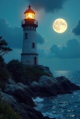 Serene coastal lighthouse standing tall against the backdrop of a luminous night sky and a tranquil ocean