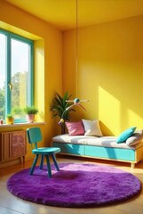 Vibrant Yellow Room Decor Featuring a Purple Shag Rug, Teal Daybed, and a Child's Chair