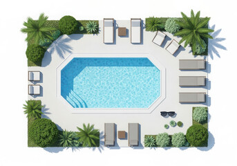 Aerial view of a luxurious swimming pool area with lounge chairs and lush greenery