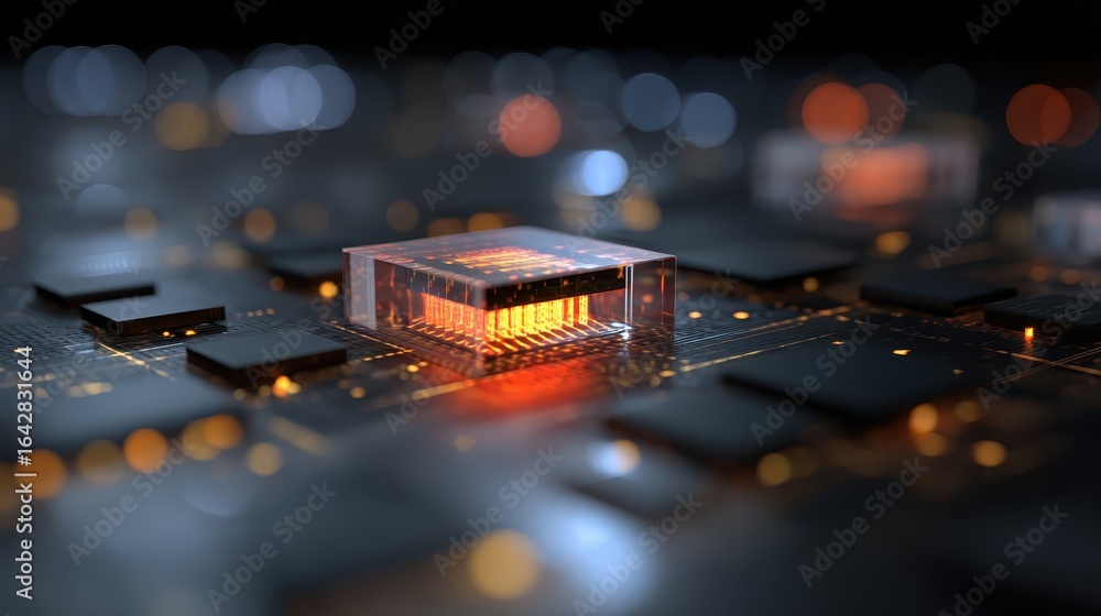 Aufkleber illuminated microchip in transparent cube on circuit board