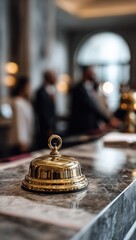 Polished brass bell on marble reception desk