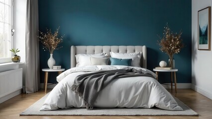 Serene Bedroom Interior Design Featuring a Plush Upholstered Bed with Crisp White Linens and a Textured Throw