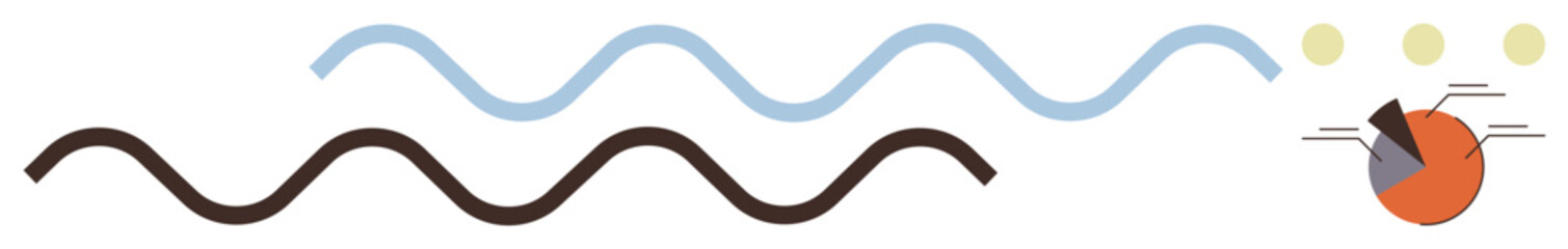 Black and blue wavy lines, orange pie chart with sections, and small yellow dots signify data, flow, analysis, creativity, problem-solving, information, and innovation forming a simple flat metaphor