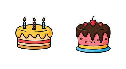 Two cute cartoon birthday cakes with candles and strawberry toppings illustration