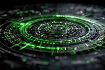 Abstract circular graphic with concentric rings and glowing green lines