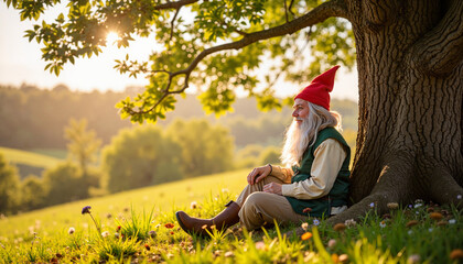 Elderly gnome relaxing under a tree in a sunny meadow  
