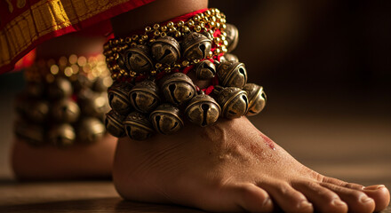 Close-up of close-up of traditional ghungroo bells tied around dancer&rsquo;s ankle, showcasing traditional Indian dance attire.