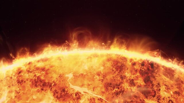Solar Flares and Plasma Storm on the Sun Surface Close Up