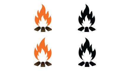 Campfire Icons Set with Flames and Wood Logs in Color and Black
