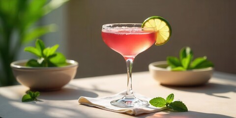 Refreshing Pink Cocktail Garnishes with Mint and Lime Slice on a Table