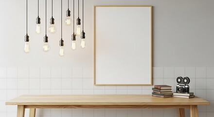 Modern interior design with a wooden table, blank frame, and vintage light bulbs