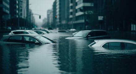 Multiple cars are stranded and partially submerged on a flooded city street after a severe storm.