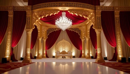 Fototapeta premium Grand Indian wedding stage with golden carved arches, deep red drapes, and crystal chandeliers