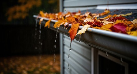 A dirty and old residential gutter full of fall leaves, in need of cleaning and maintenance.