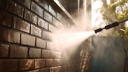 Pressure Washing Brick Wall Cleaning with Water Stream
