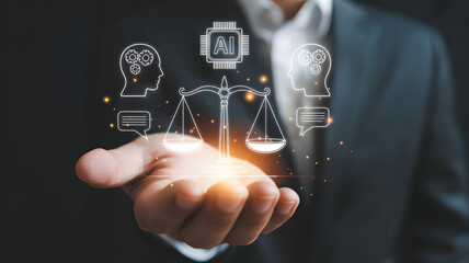 AI and legal balance concept with scales and human heads over hand