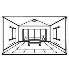 Minimalist japanese room interior with tatami mats and low table, isolated on white background