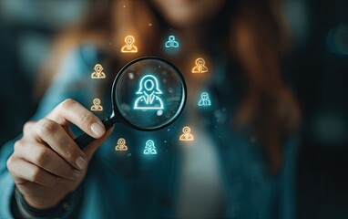 Woman's hand holding magnifying glass over glowing profile icons