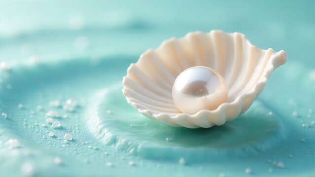 A lustrous pearl nestled within a delicate seashell rests on a tranquil, aqua-colored surface, adorned with tiny grains of salt.