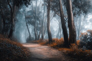Obraz premium Misty forest path, trees, sunlight