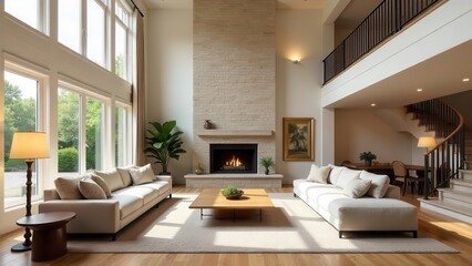 Fototapeta premium Spacious Living Room with Soaring Windows, Light-Filled Interior, and Elegant Fireplace