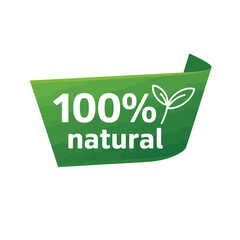 Green banner with 100 percent natural text and leaf icon