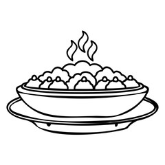 Hot food served in a bowl on a plate with steam rising, isolated on white background