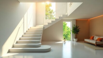 Fototapeta premium Modern Minimalist Interior Design Featuring a Bright White Staircase and Sunlit Window