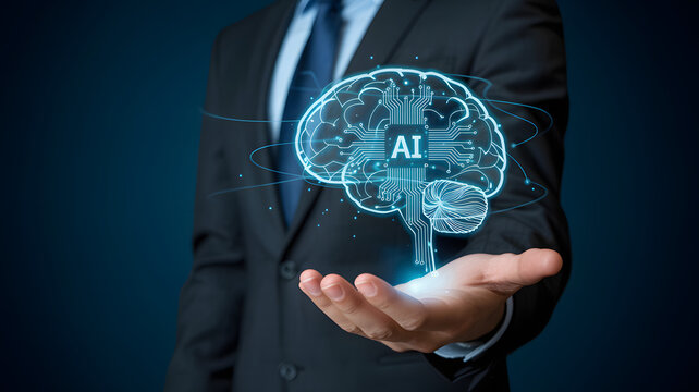 Dynamic AI brain visualization presented by businessman in professional suit