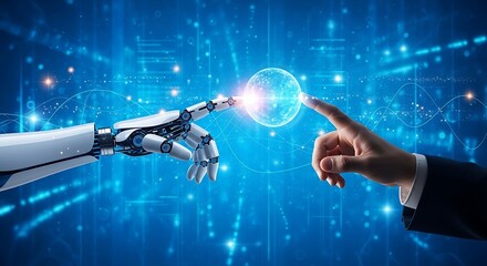 Robot and human hand touching a glowing orb in a futuristic digital network
