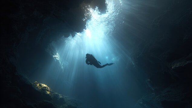 Sunlit underwater cave diver