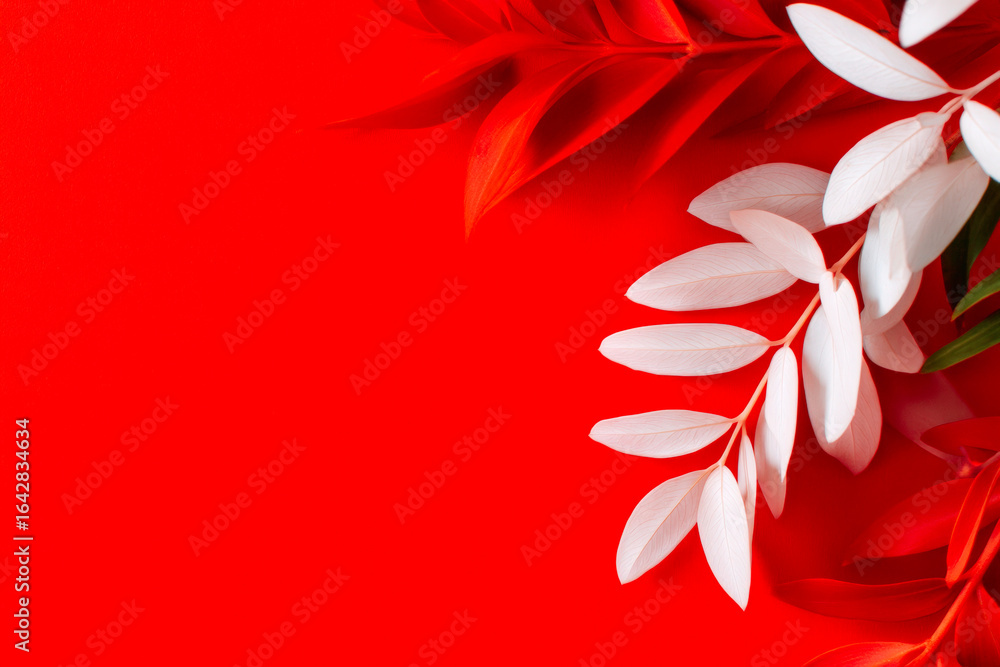 Poster minimal botanical leaf pattern in white on red