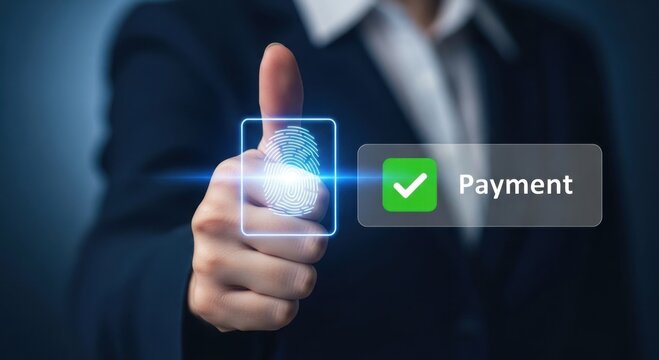 Biometric fingerprint payment confirmation with digital interface - Powered by Adobe
