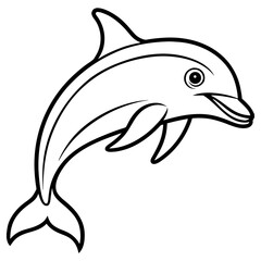 Obraz premium A black and white outline illustration of a happy dolphin jumping out of the water, isolated on white background