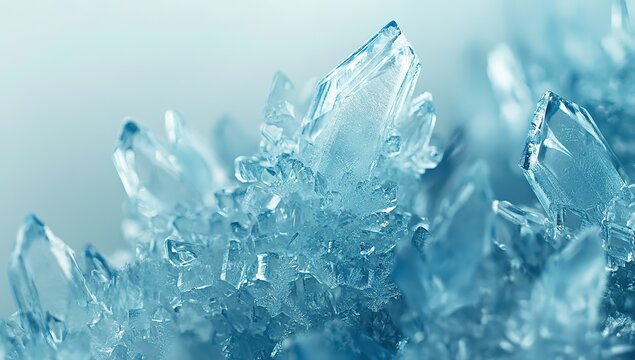 A close-up of ice crystals on the surface, showcasing intricate patterns and textures in shades of blue. The background is neutral to highlight details, with a focus on sharp edges and delicate