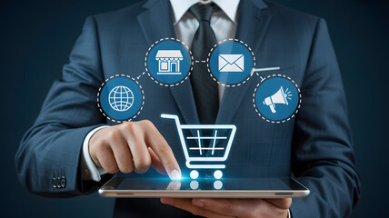 Businessman interacts with digital marketing icons and shopping cart on tablet