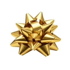 Pristine, luxurious metallic gold starburst gift bow with brushed texture, sharp edges, isolated on transparent, copy space, soft studio light, concept of luxury and celebration