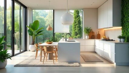 Fototapeta premium Modern minimalist kitchen design with abundant natural light and lush greenery