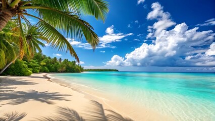Fototapeta premium Serene tropical shoreline with palm fronds framing turquoise ocean and fluffy clouds 