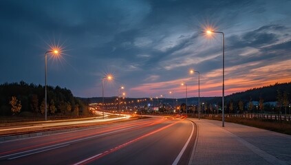 Evening highway scene with city lights