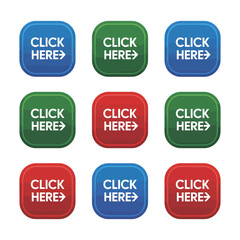 Collection of nine rounded square buttons with the text click here and an arrow