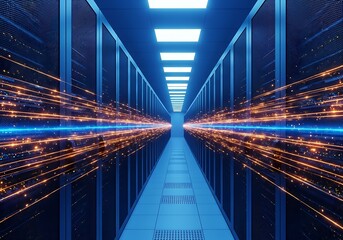 Server room with glowing data streams in a futuristic setting