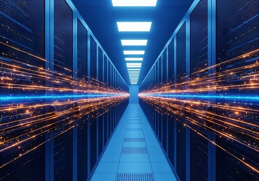 Server room with glowing data streams in a futuristic setting - Powered by Adobe