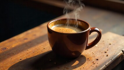 Aromatic Coffee Steam Rising from a Rustic Brown Mug on Wooden Surface
