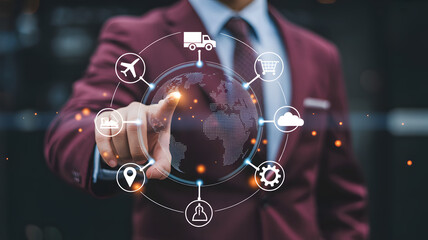 Global business strategy interaction connecting logistics, travel, and commerce worldwide