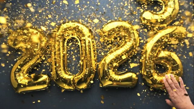Female hand replacing balloon text "2025" with "2026".New beginnings.