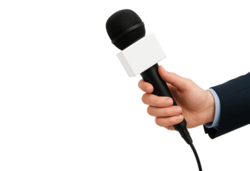 Reporter Holding Black Microphone with Blank Label – Press Interview Concept