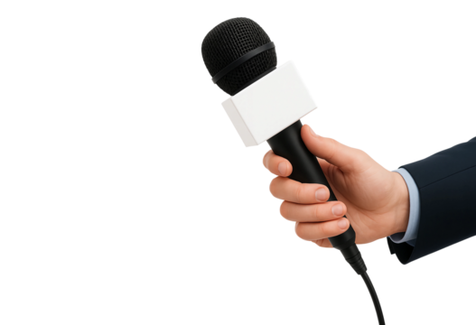 Reporter Holding Black Microphone with Blank Label – Press Interview Concept