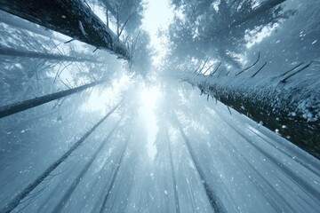 Snowy forest, looking up at tall trees (1)